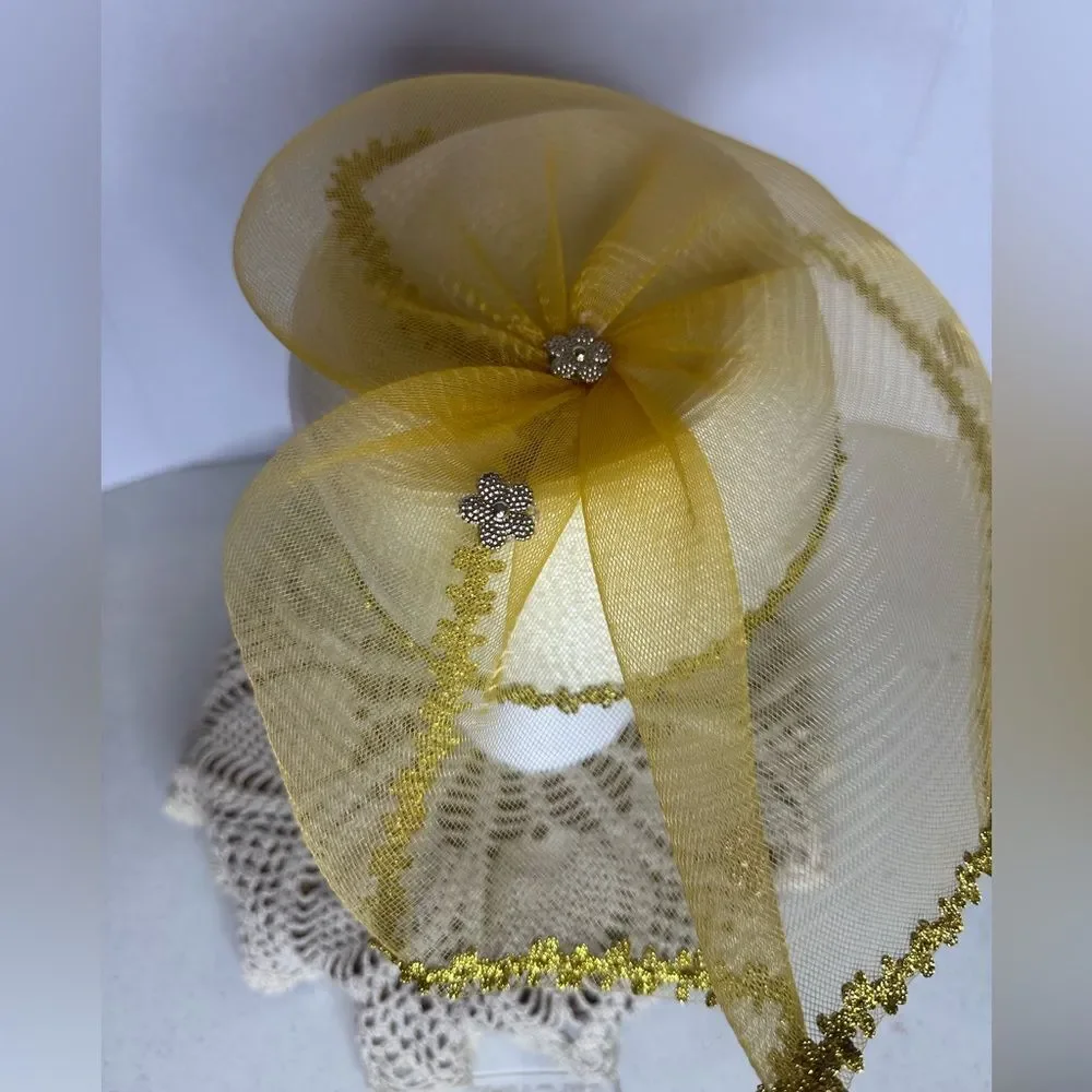 Vintage Arlin Yellow Gold Mesh Easter Sequins Beaded Church Hat